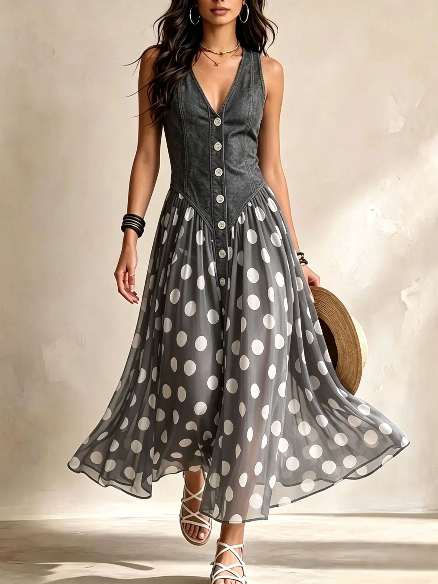 Polka Dot Sleeveless V-Neck Dress