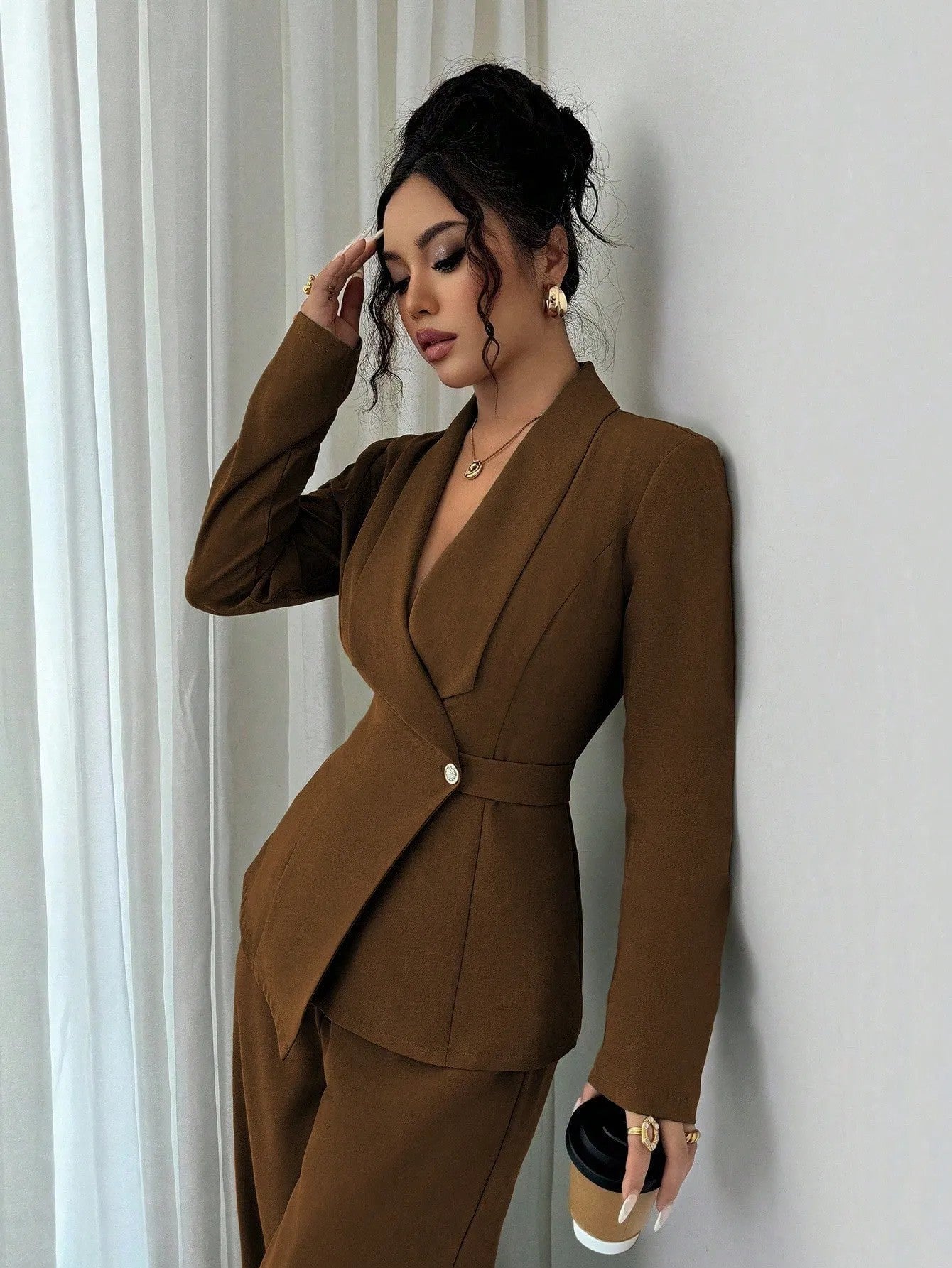 Women's V Neck Long Suit Jacket Wide Leg Pants Two Piece Set