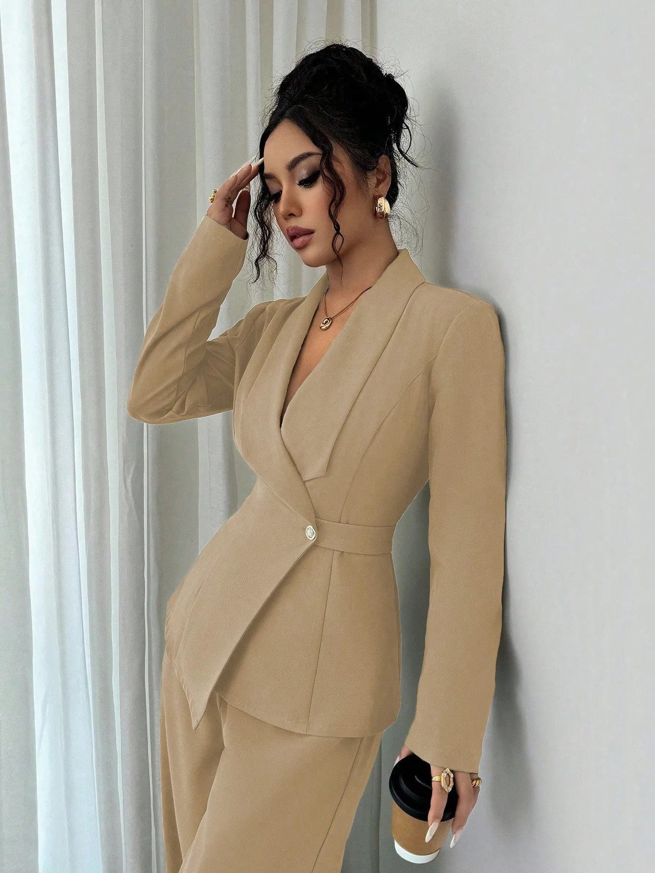 Women's V Neck Long Suit Jacket Wide Leg Pants Two Piece Set