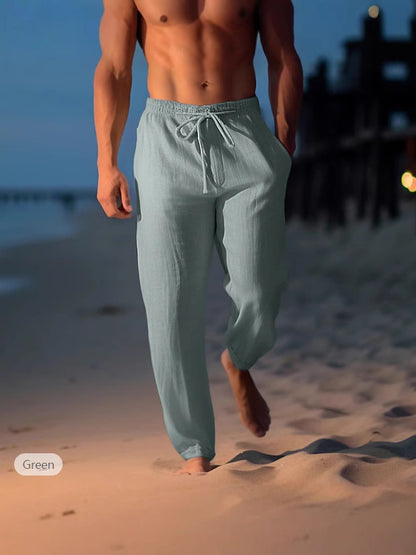 Men's Cotton Linen Drawstring Elastic Waist Straight Casual Pants