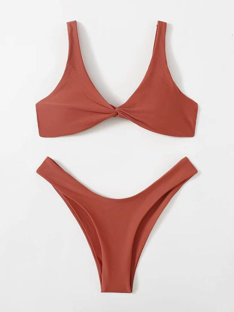 Solid Color Knotted Strap Bikini Swimsuit