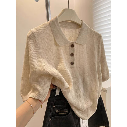 Knit lapel short sleeve