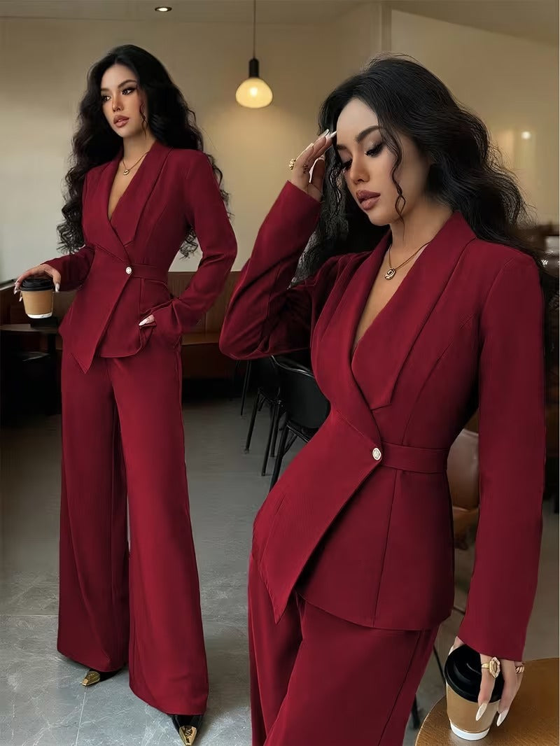 Women's V Neck Long Suit Jacket Wide Leg Pants Two Piece Set