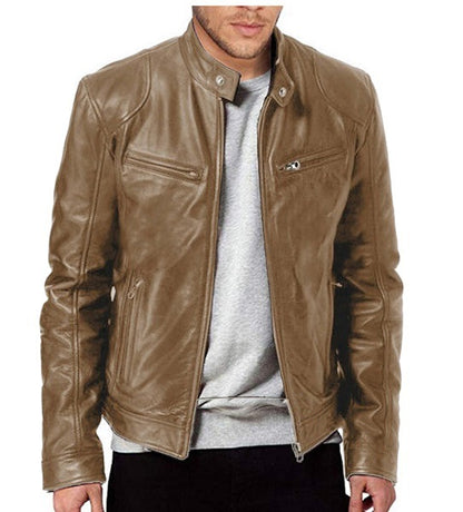 Men's PU leather motorcycle jacket with a stand-up collar and punk style outerwear