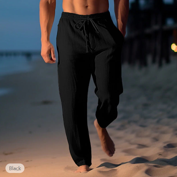 Men's Cotton Linen Drawstring Elastic Waist Straight Casual Pants