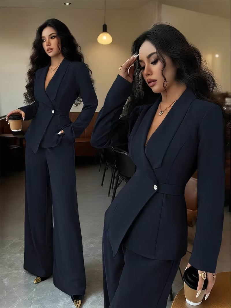Women's V Neck Long Suit Jacket Wide Leg Pants Two Piece Set