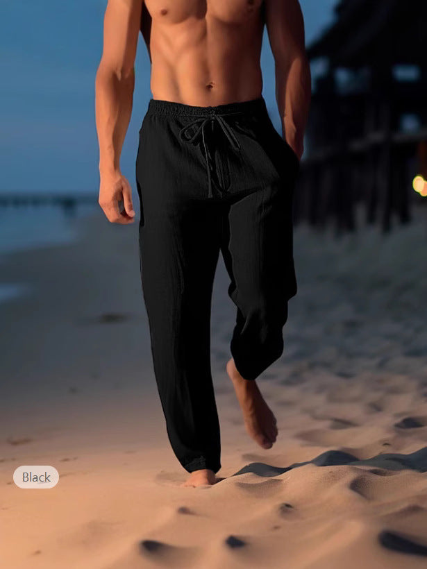 Men's Cotton Linen Drawstring Elastic Waist Straight Casual Pants
