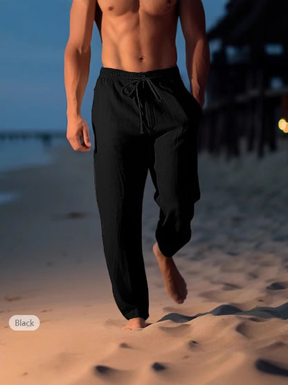 Men's Cotton Linen Drawstring Elastic Waist Straight Casual Pants