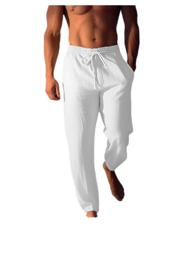 Men's Cotton Linen Drawstring Elastic Waist Straight Casual Pants