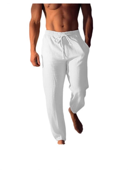 Men's Cotton Linen Drawstring Elastic Waist Straight Casual Pants
