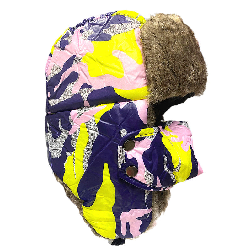 Men Women Embroidered Fleece Lined Winter Ski Hat with Face Mask