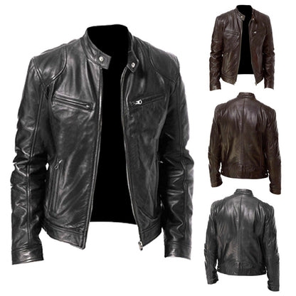 Men's PU leather motorcycle jacket with a stand-up collar and punk style outerwear