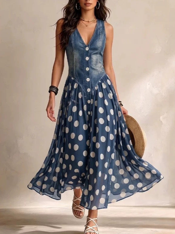 Polka Dot Sleeveless V-Neck Dress