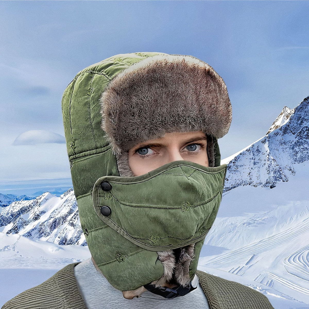 Men Women Embroidered Fleece Lined Winter Ski Hat with Face Mask