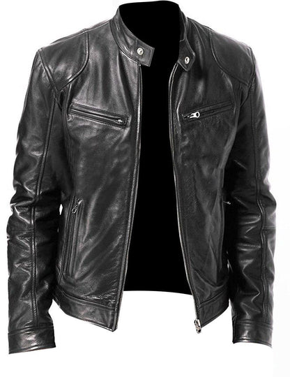 Men's PU leather motorcycle jacket with a stand-up collar and punk style outerwear