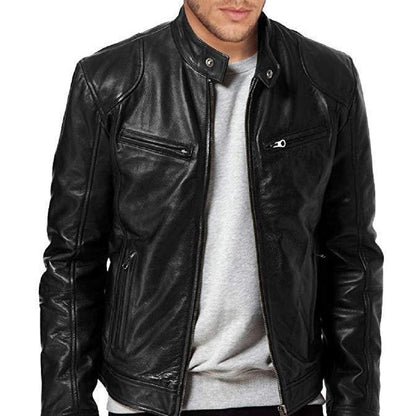 Men's PU leather motorcycle jacket with a stand-up collar and punk style outerwear