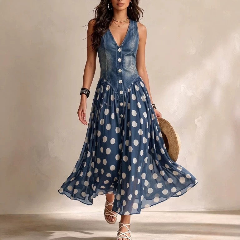 Polka Dot Sleeveless V-Neck Dress
