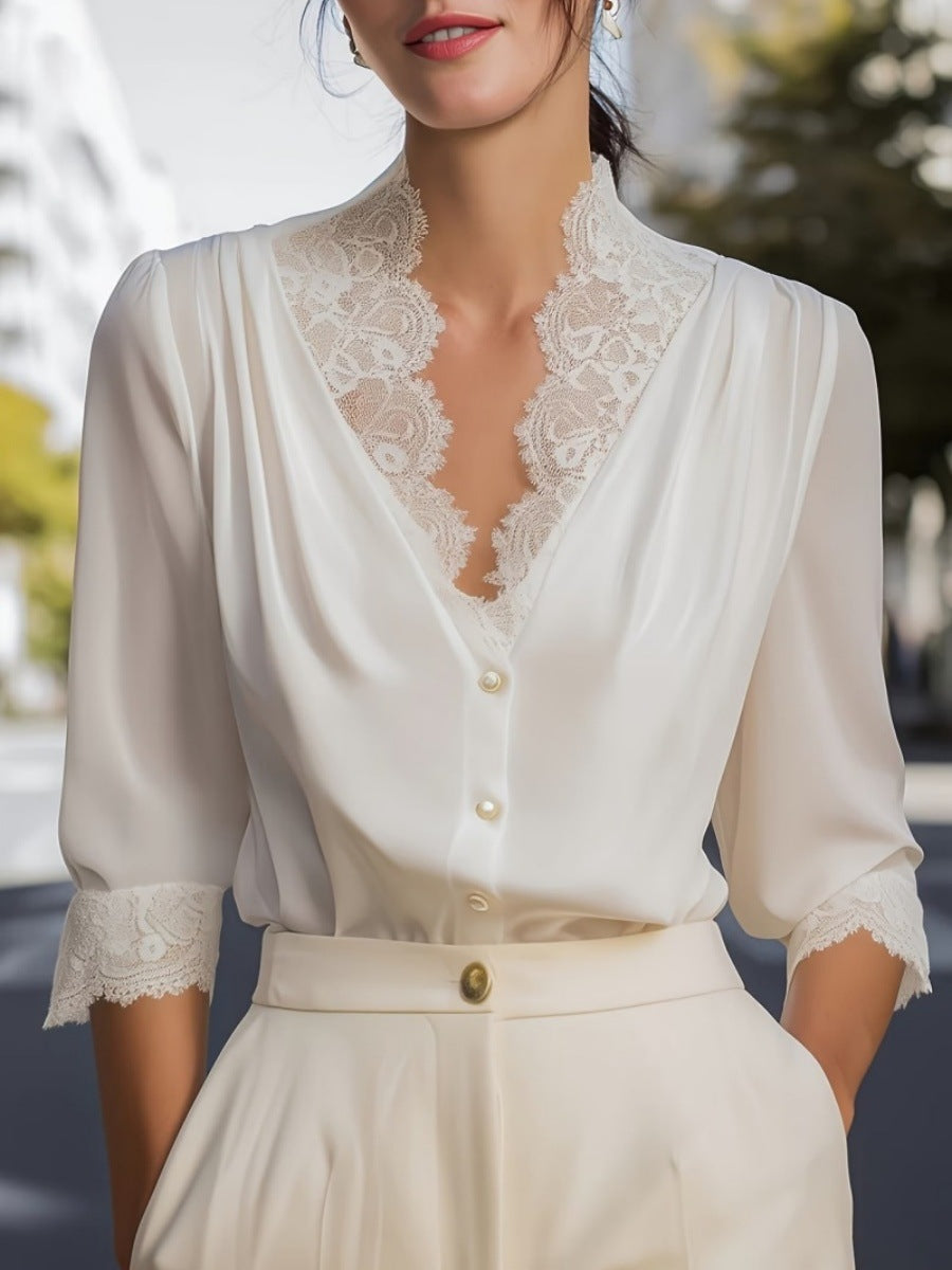 Womens Lace Splicing Three-Quarter Sleeve Blouse Shirt