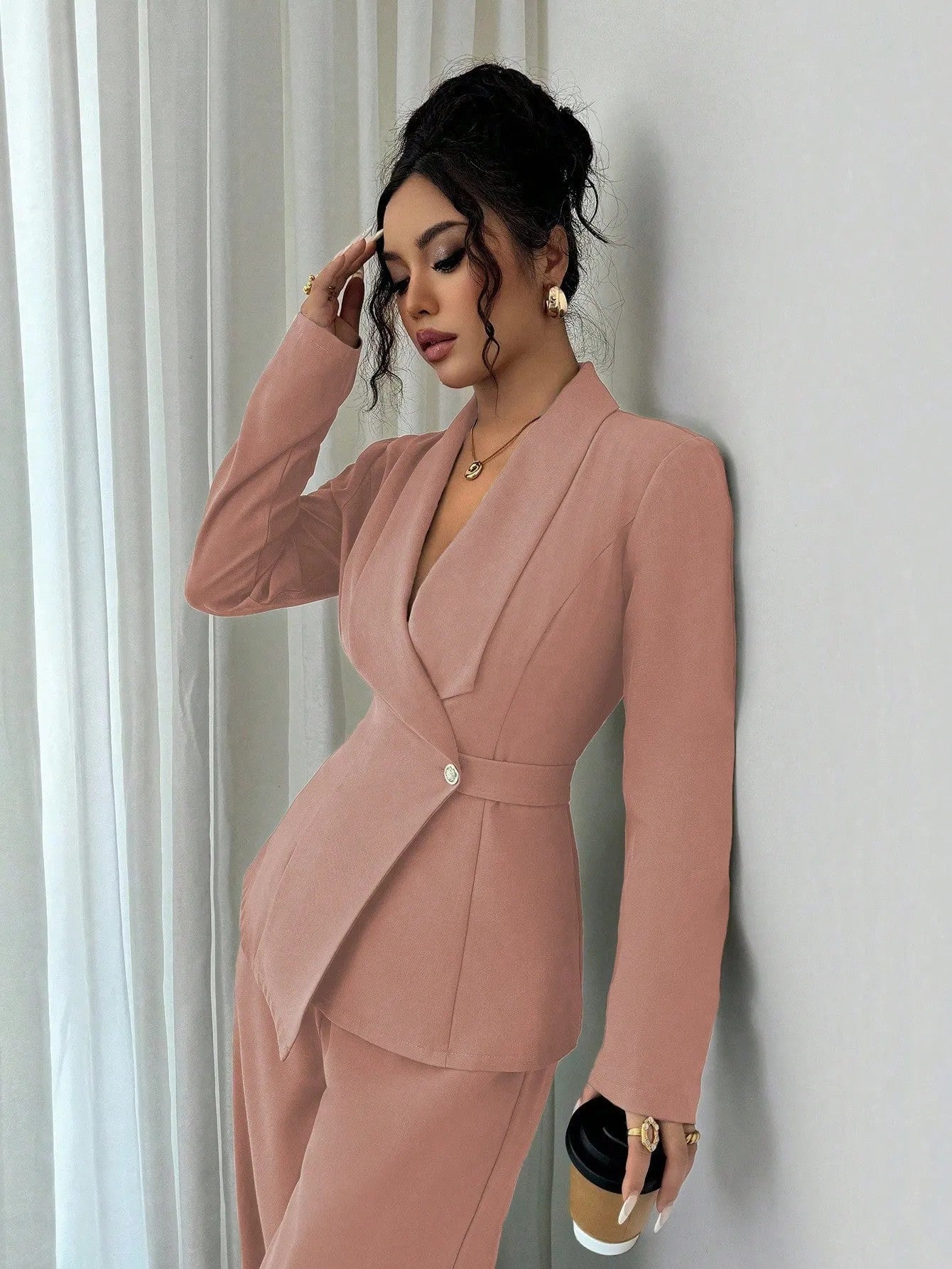 Women's V Neck Long Suit Jacket Wide Leg Pants Two Piece Set