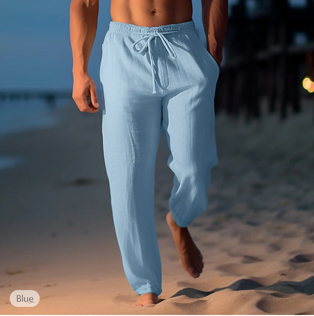 Men's Cotton Linen Drawstring Elastic Waist Straight Casual Pants