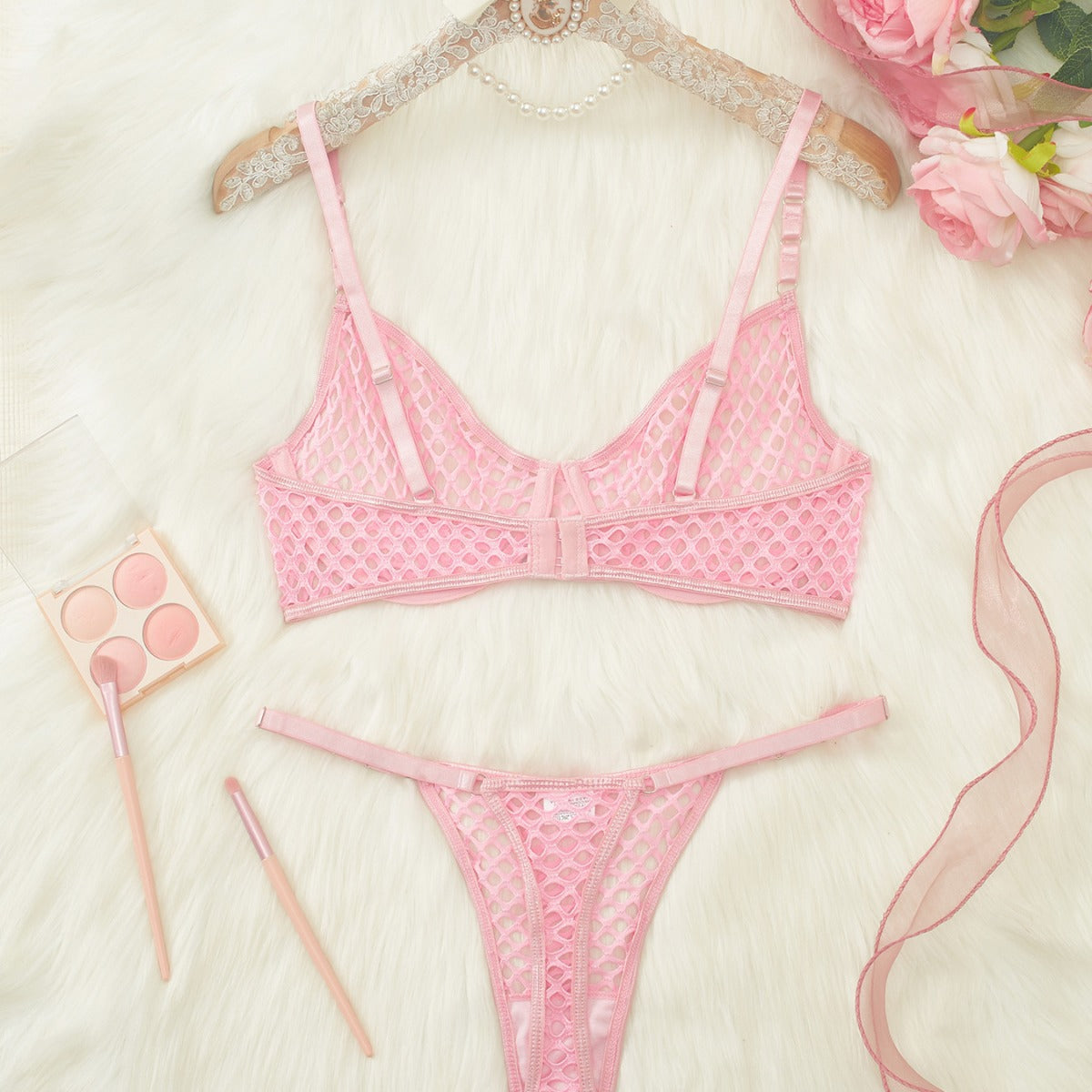 Sexy Lingerie Set with Hollow-Out Fishnet See-Through Mesh Bra