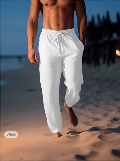 Men's Cotton Linen Drawstring Elastic Waist Straight Casual Pants