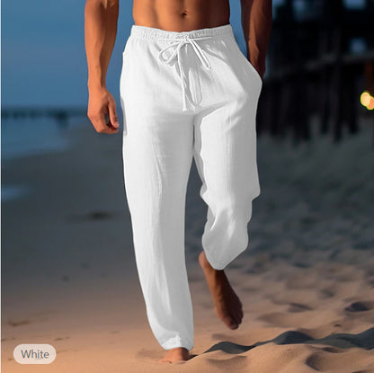 Men's Cotton Linen Drawstring Elastic Waist Straight Casual Pants