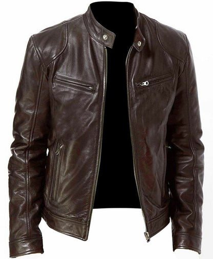 Men's PU leather motorcycle jacket with a stand-up collar and punk style outerwear