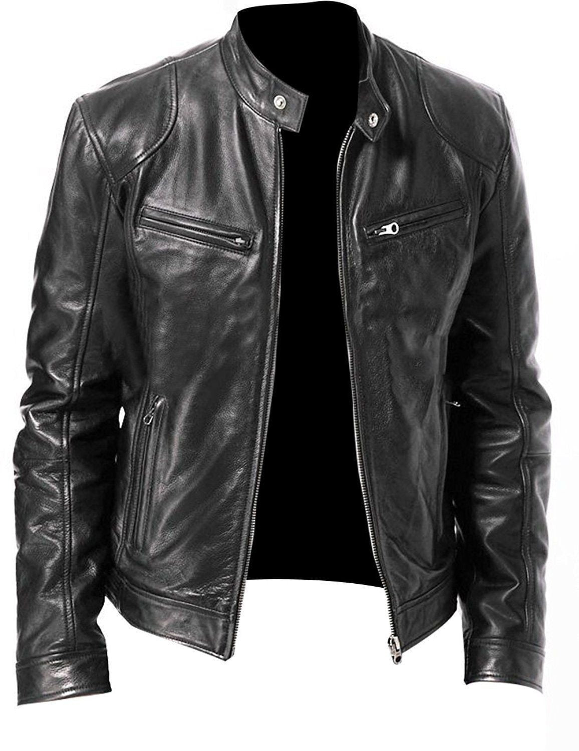Men's PU leather motorcycle jacket with a stand-up collar and punk style outerwear
