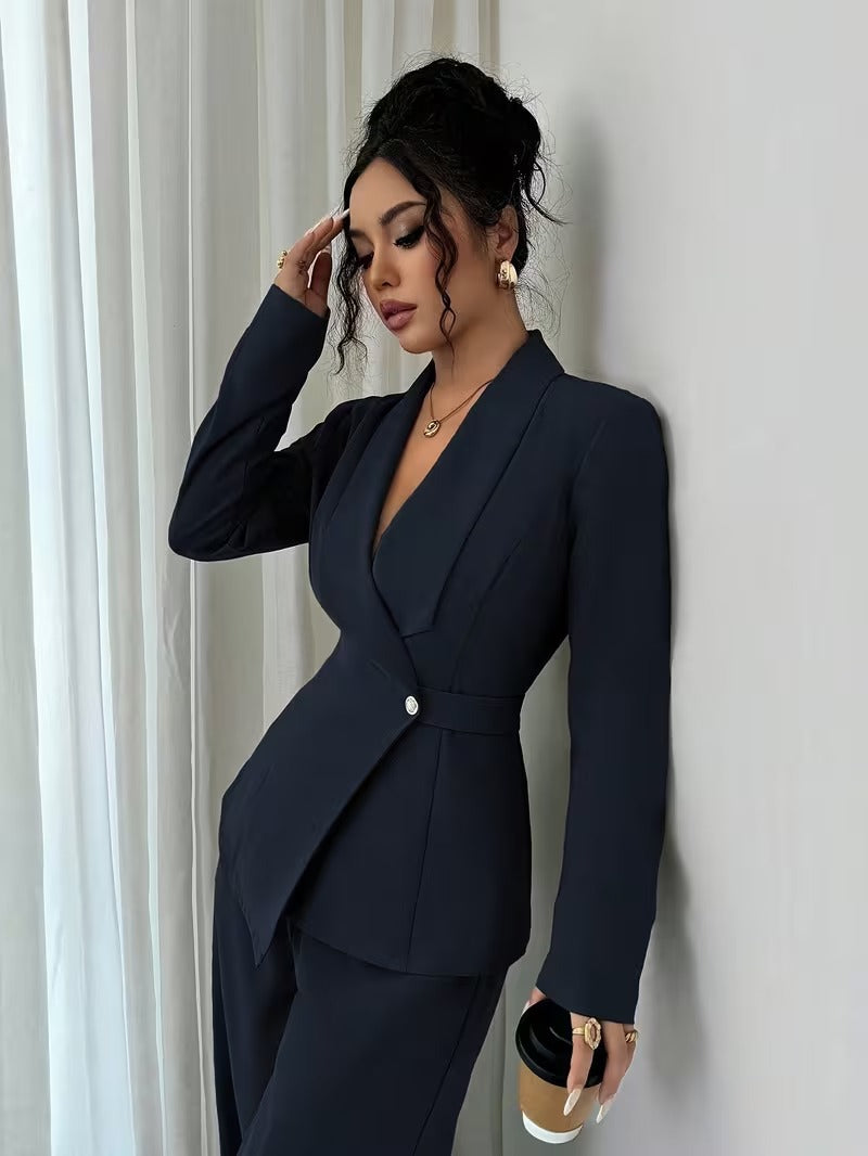Women's V Neck Long Suit Jacket Wide Leg Pants Two Piece Set
