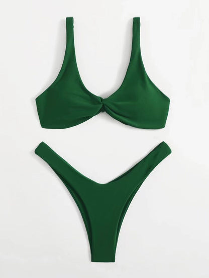 Solid Color Knotted Strap Bikini Swimsuit
