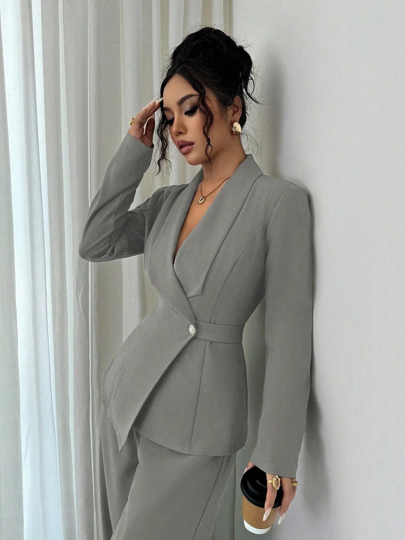 Women's V Neck Long Suit Jacket Wide Leg Pants Two Piece Set