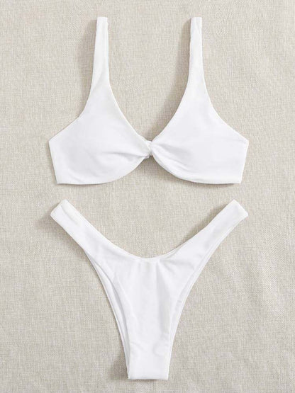 Solid Color Knotted Strap Bikini Swimsuit