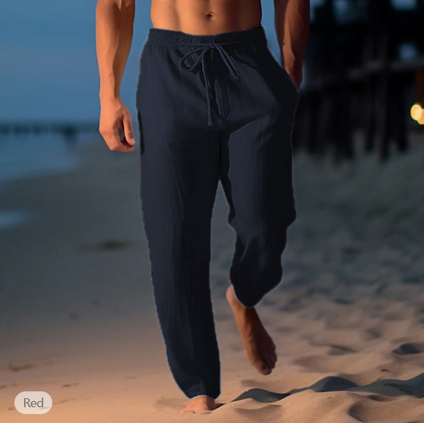 Men's Cotton Linen Drawstring Elastic Waist Straight Casual Pants
