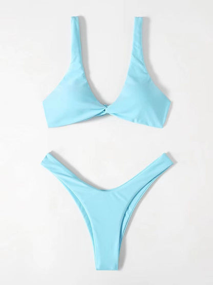 Solid Color Knotted Strap Bikini Swimsuit