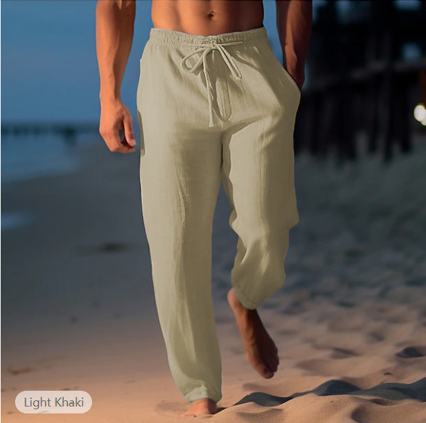 Men's Cotton Linen Drawstring Elastic Waist Straight Casual Pants
