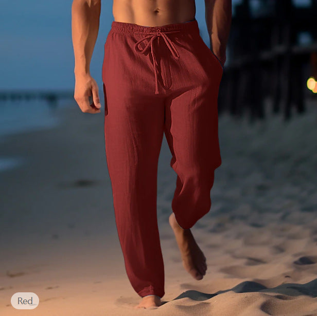 Men's Cotton Linen Drawstring Elastic Waist Straight Casual Pants