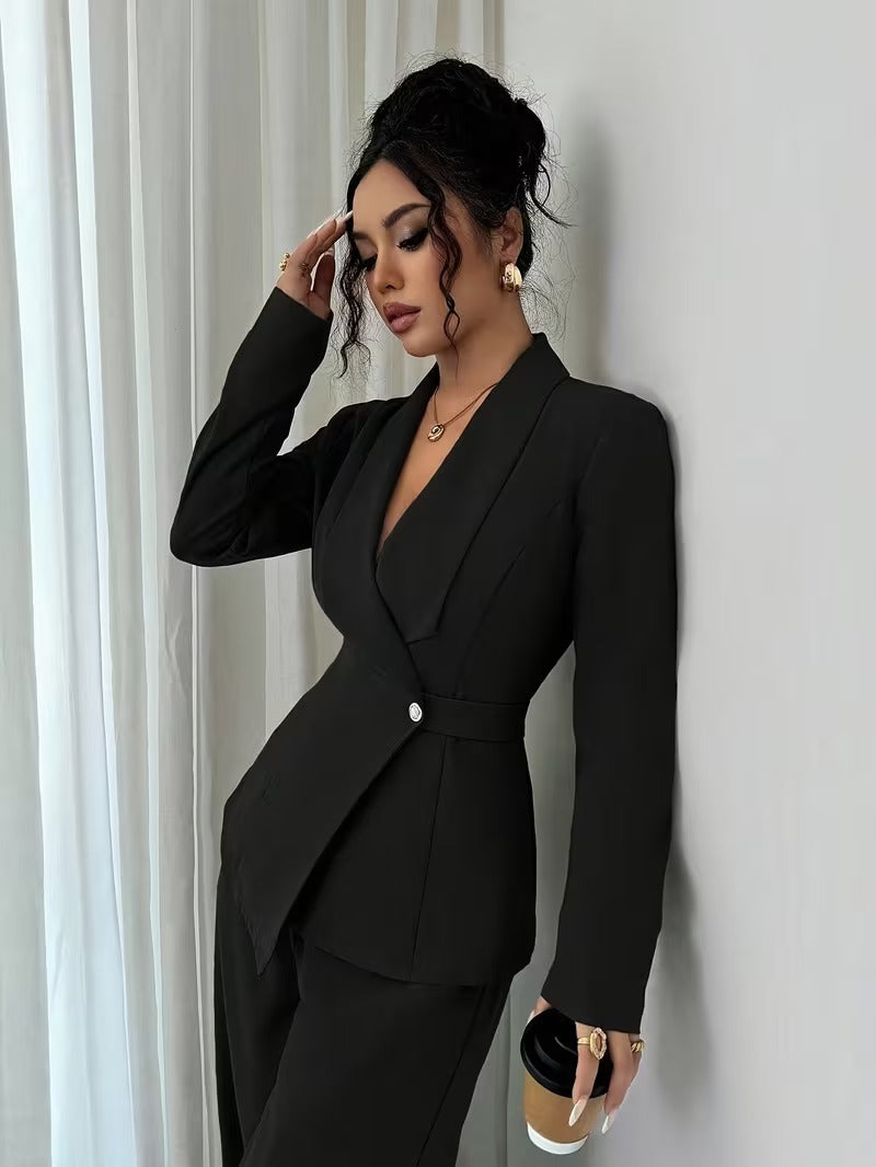 Women's V Neck Long Suit Jacket Wide Leg Pants Two Piece Set