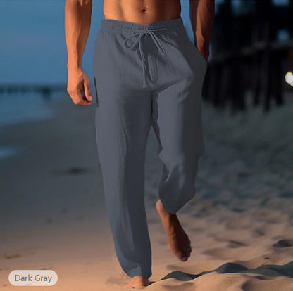 Men's Cotton Linen Drawstring Elastic Waist Straight Casual Pants