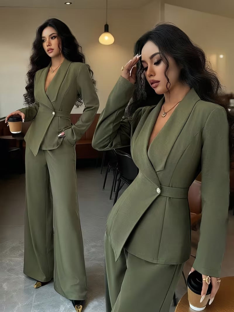 Women's V Neck Long Suit Jacket Wide Leg Pants Two Piece Set