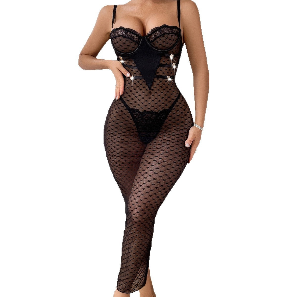 Sexy Intimates Sexy See-Through Heart Polka Dot Lace Long Skirt Tight Thong Women's Suit