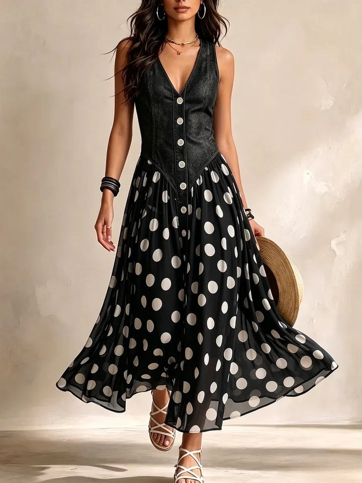 Polka Dot Sleeveless V-Neck Dress