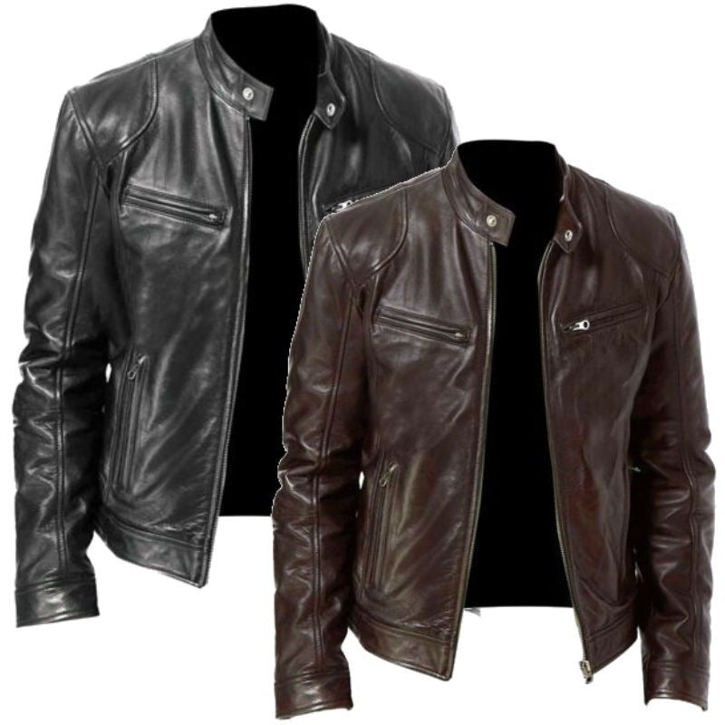 Men's PU leather motorcycle jacket with a stand-up collar and punk style outerwear