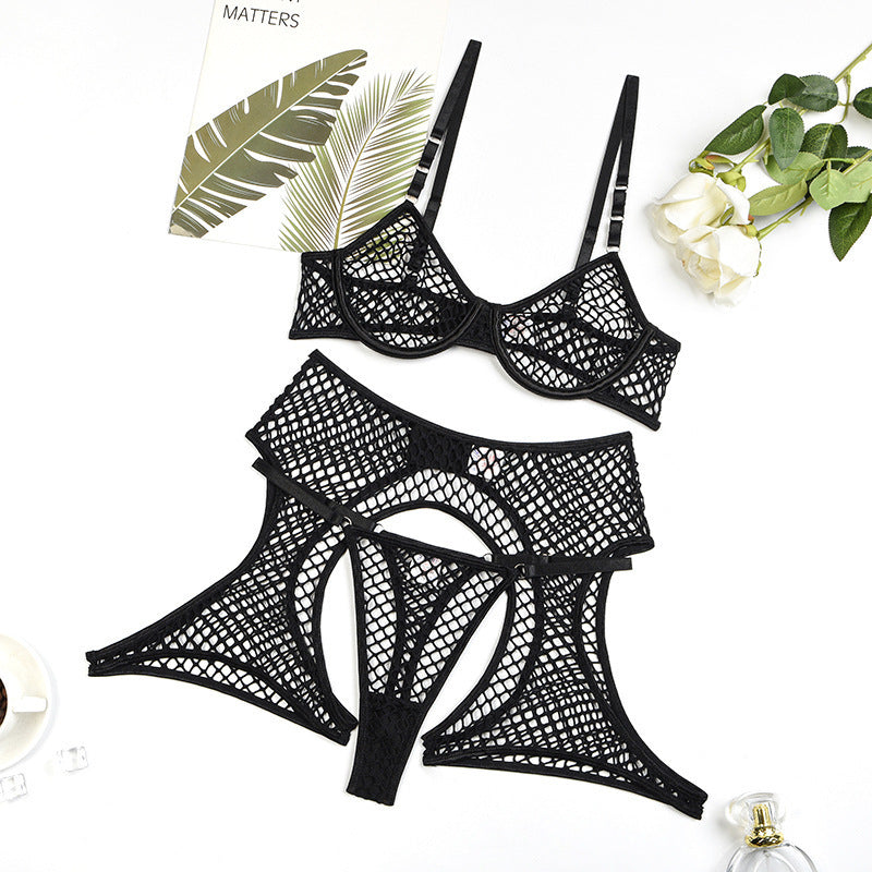 Sexy Lingerie Set with Hollow-Out Fishnet See-Through Mesh Bra