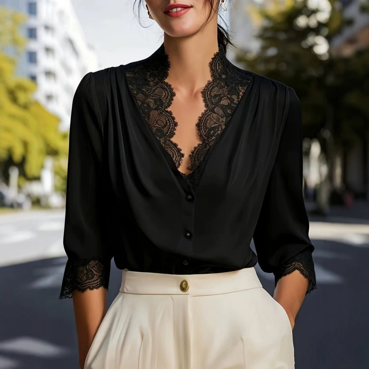 Womens Lace Splicing Three-Quarter Sleeve Blouse Shirt