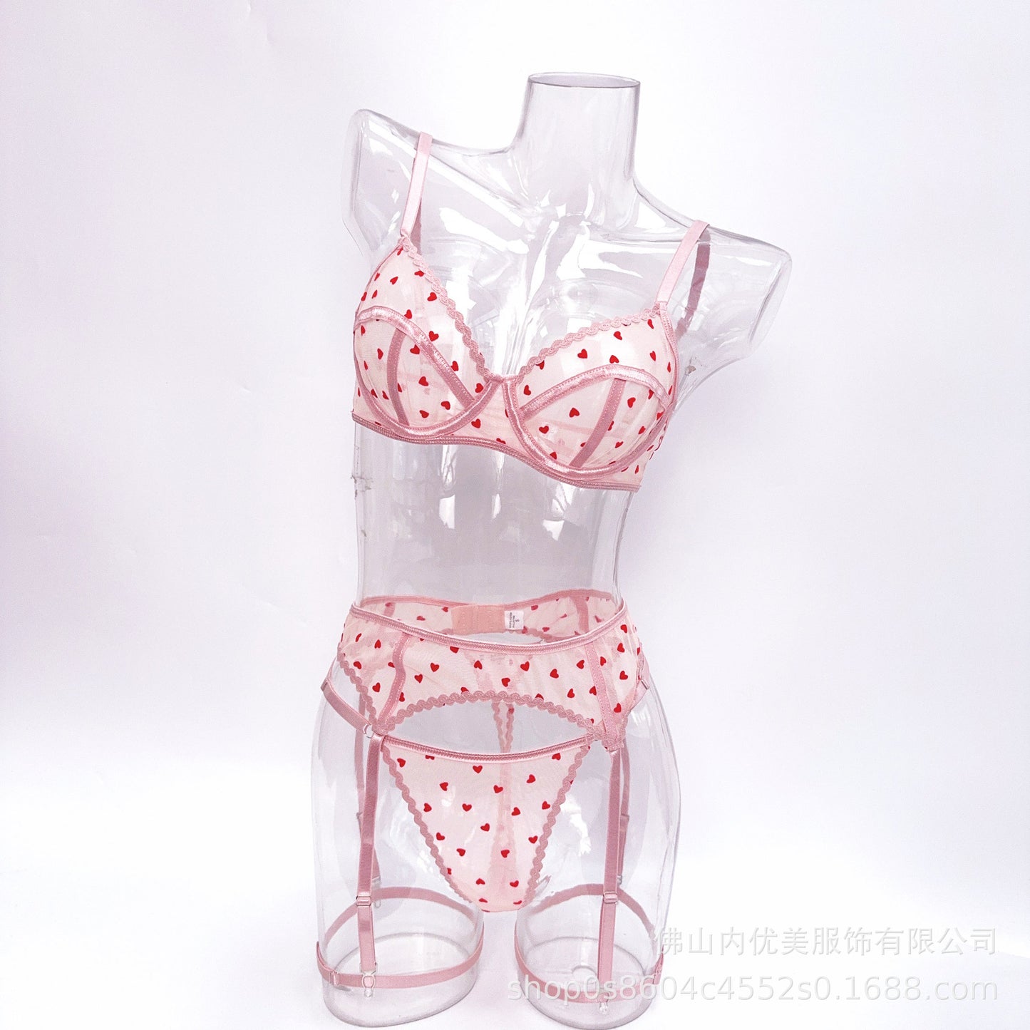Pink Velvet Heart Mesh Lingerie Set