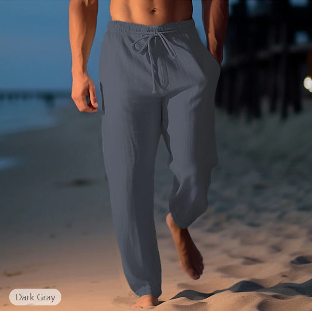 Men's Cotton Linen Drawstring Elastic Waist Straight Casual Pants