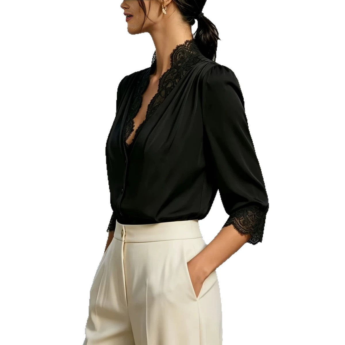 Womens Lace Splicing Three-Quarter Sleeve Blouse Shirt