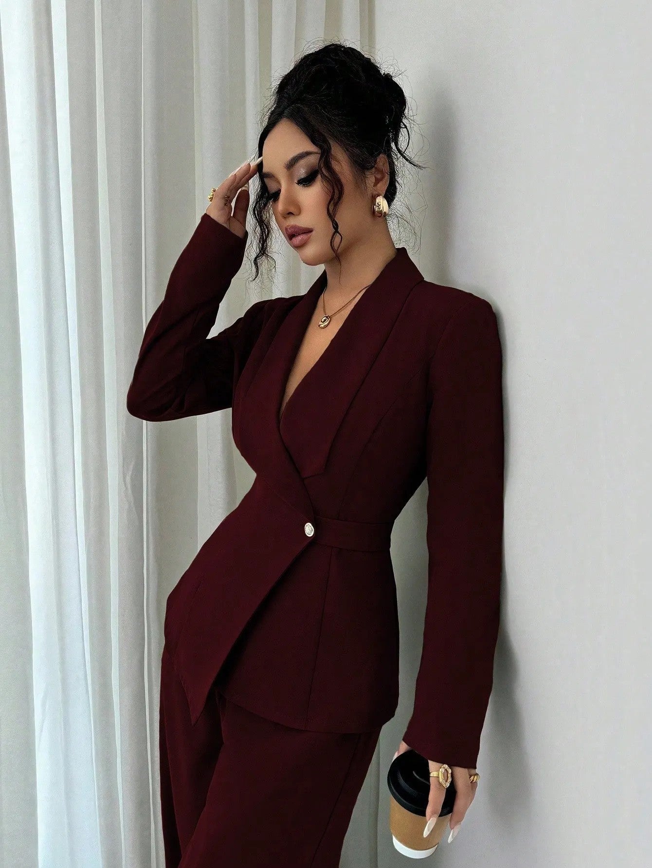 Women's V Neck Long Suit Jacket Wide Leg Pants Two Piece Set