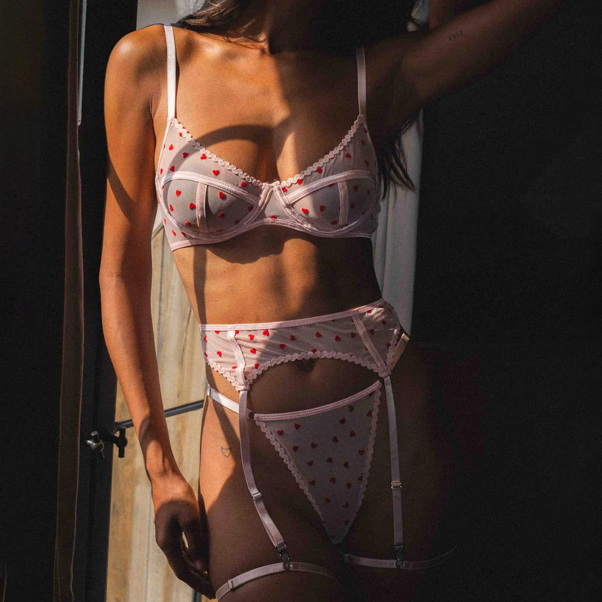 Pink Velvet Heart Mesh Lingerie Set